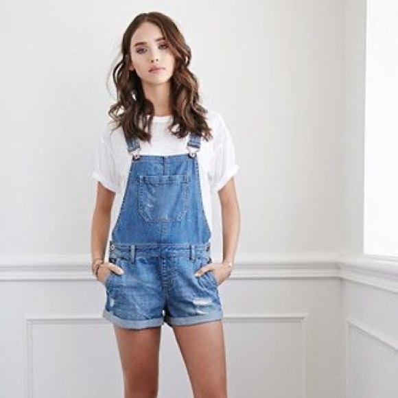 F21 Premium Distressed Denim Overall Shorts - Picture 3 of 9